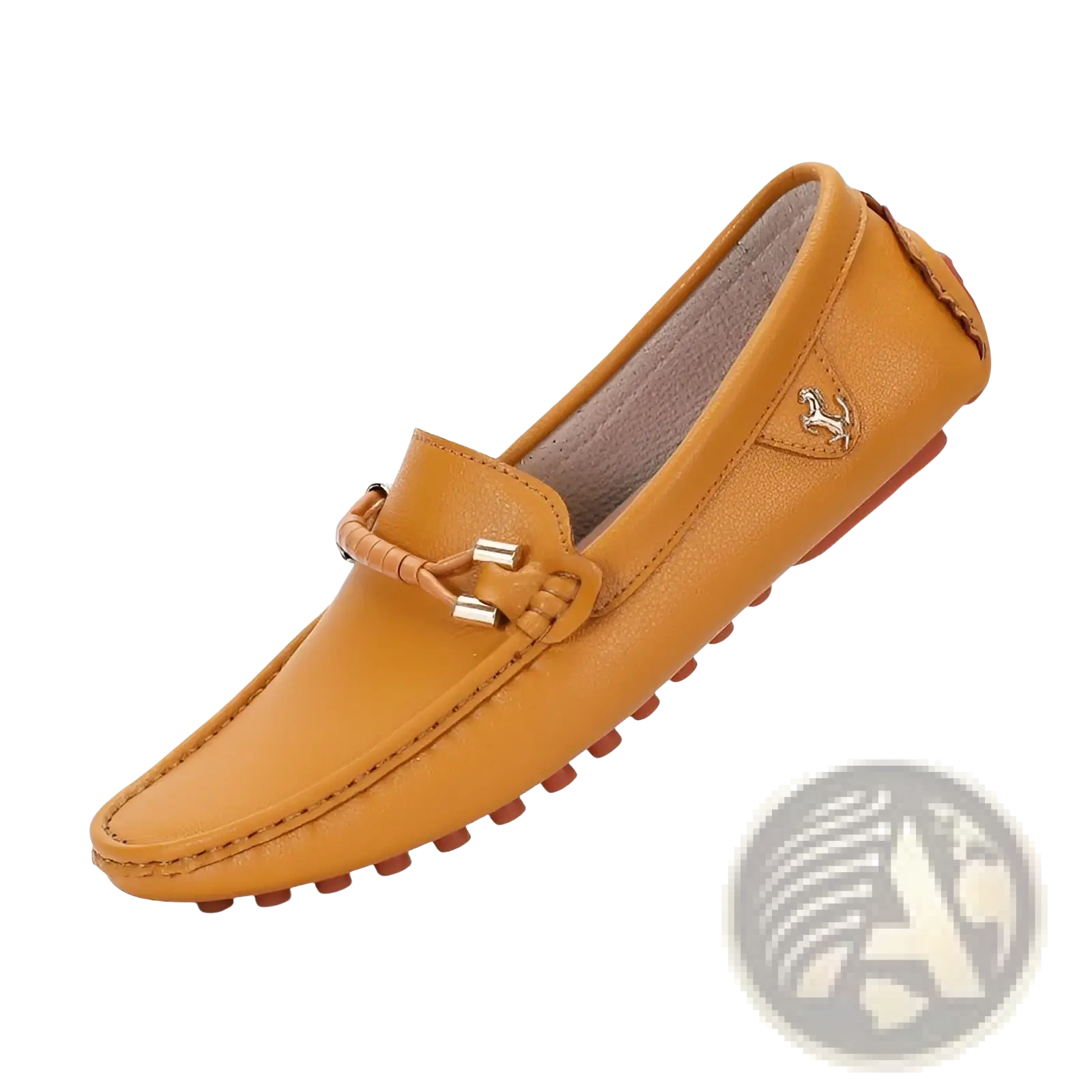 Men’s plus size tan leather driving moccasin loafers with braided strap and silver hardware detail