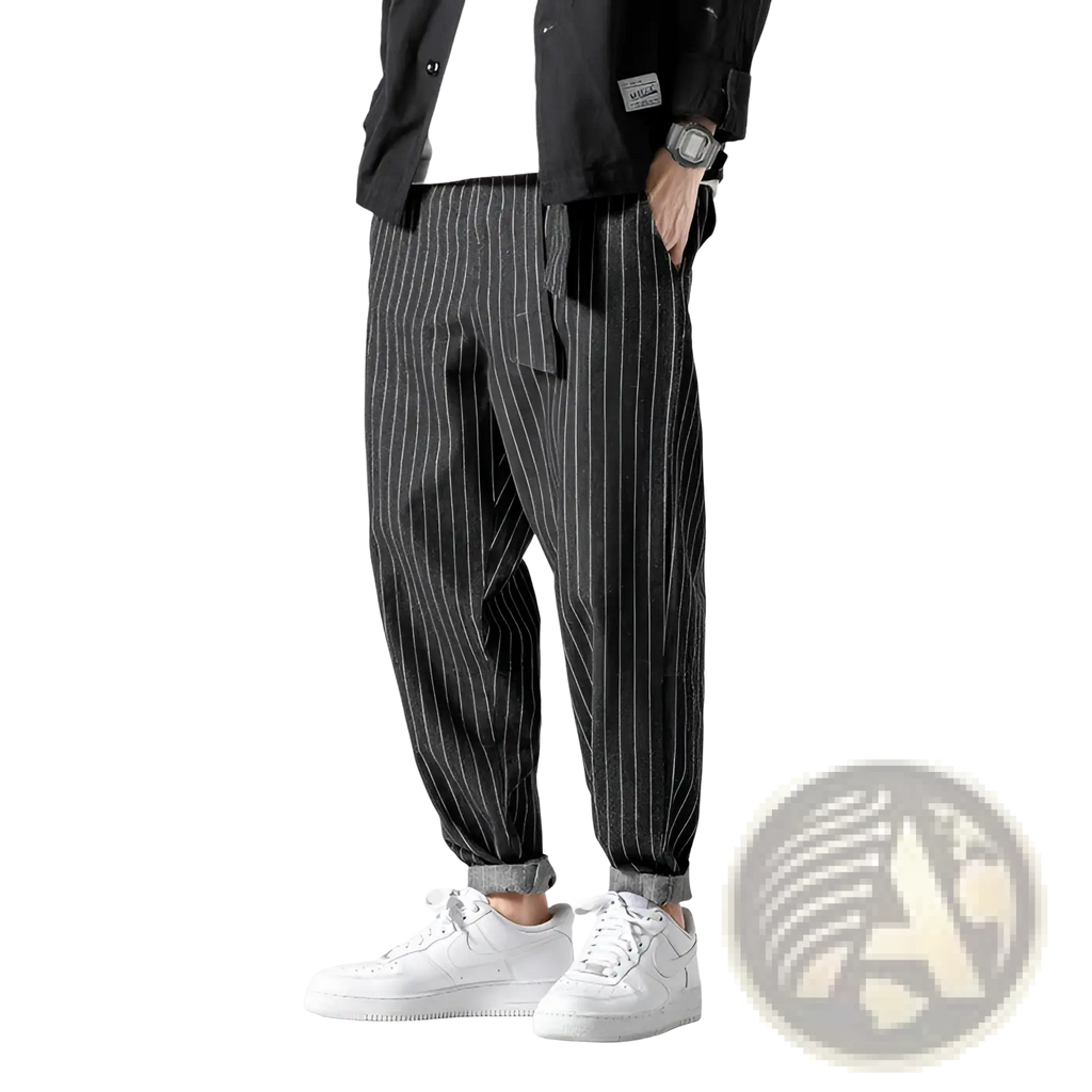 Mens plus size pinstripe cargo denim jeans in black and white cotton with relaxed tapered fit and vertical stripes