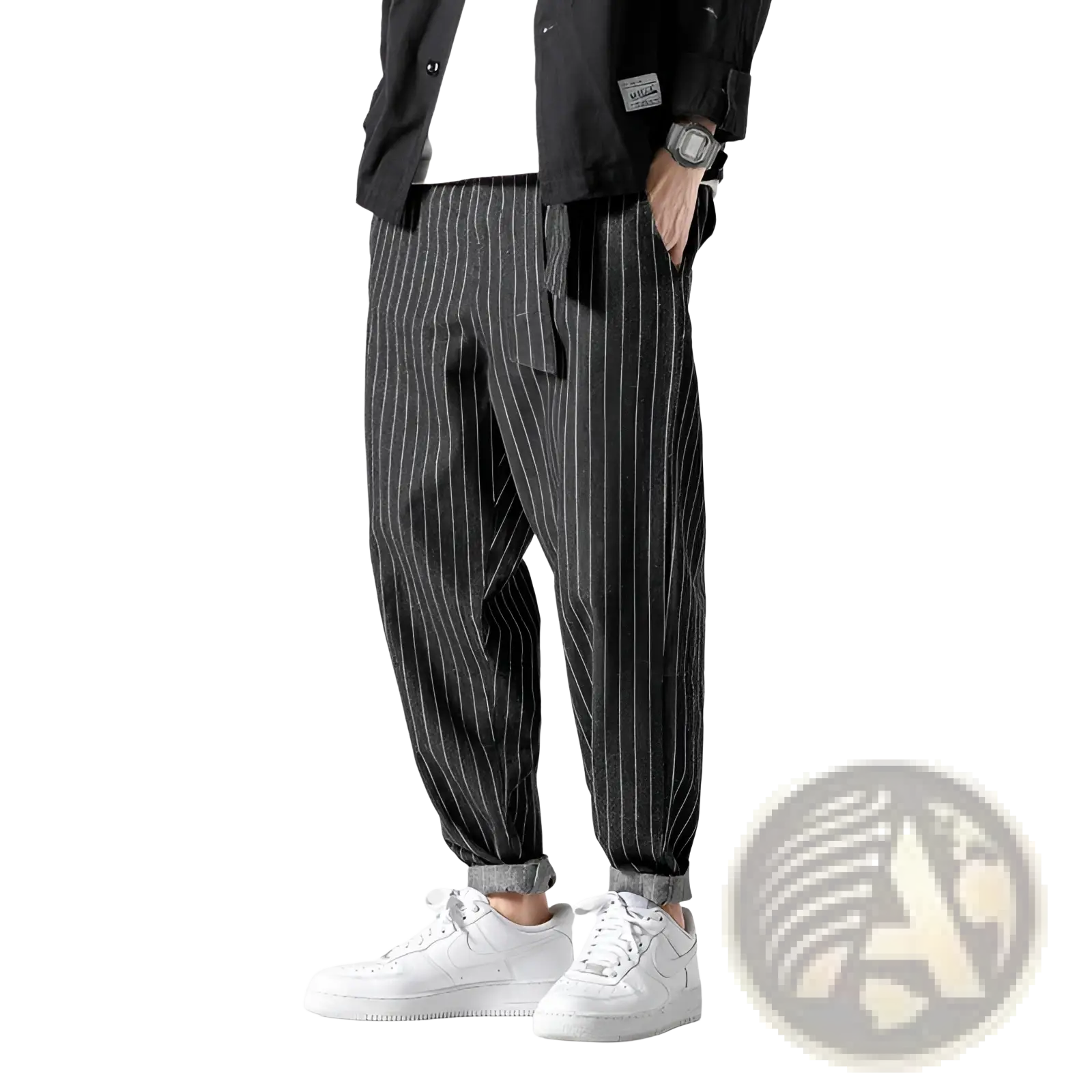 Mens plus size pinstripe cargo denim jeans in black and white cotton with relaxed tapered fit and vertical stripes