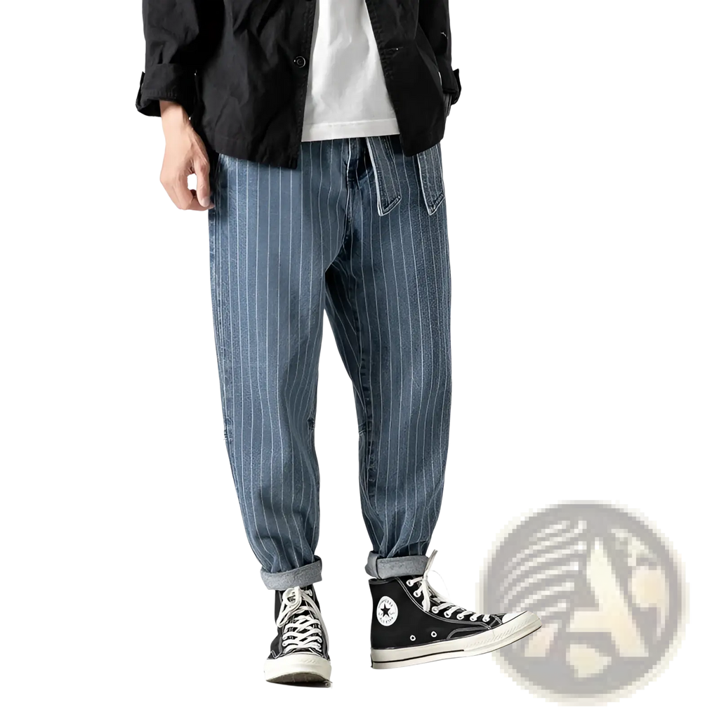 Mens plus size pinstripe cargo denim jeans in blue with pinstripe pattern and rolled cuffs made of denim material