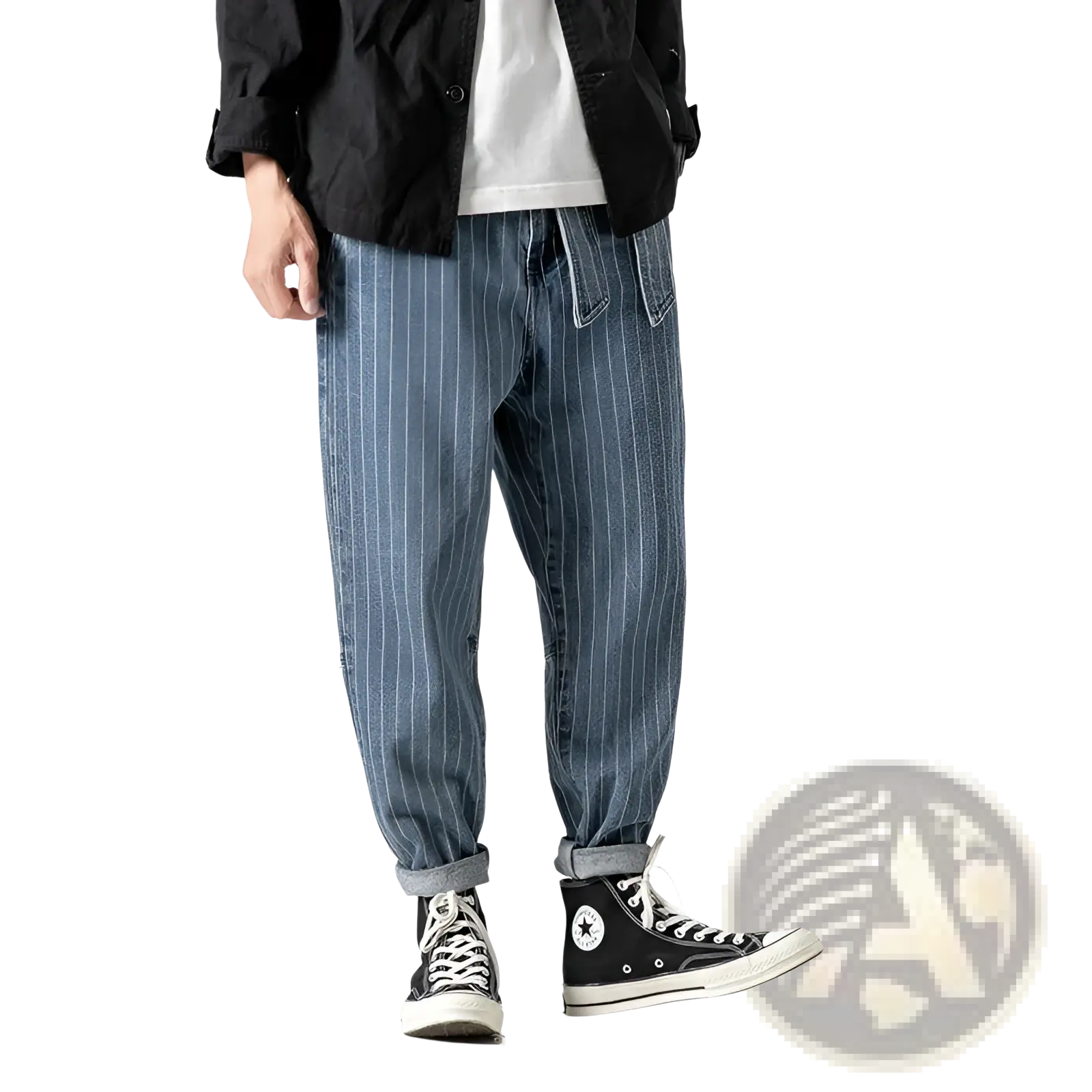Mens plus size pinstripe cargo denim jeans in blue with pinstripe pattern and rolled cuffs made of denim material