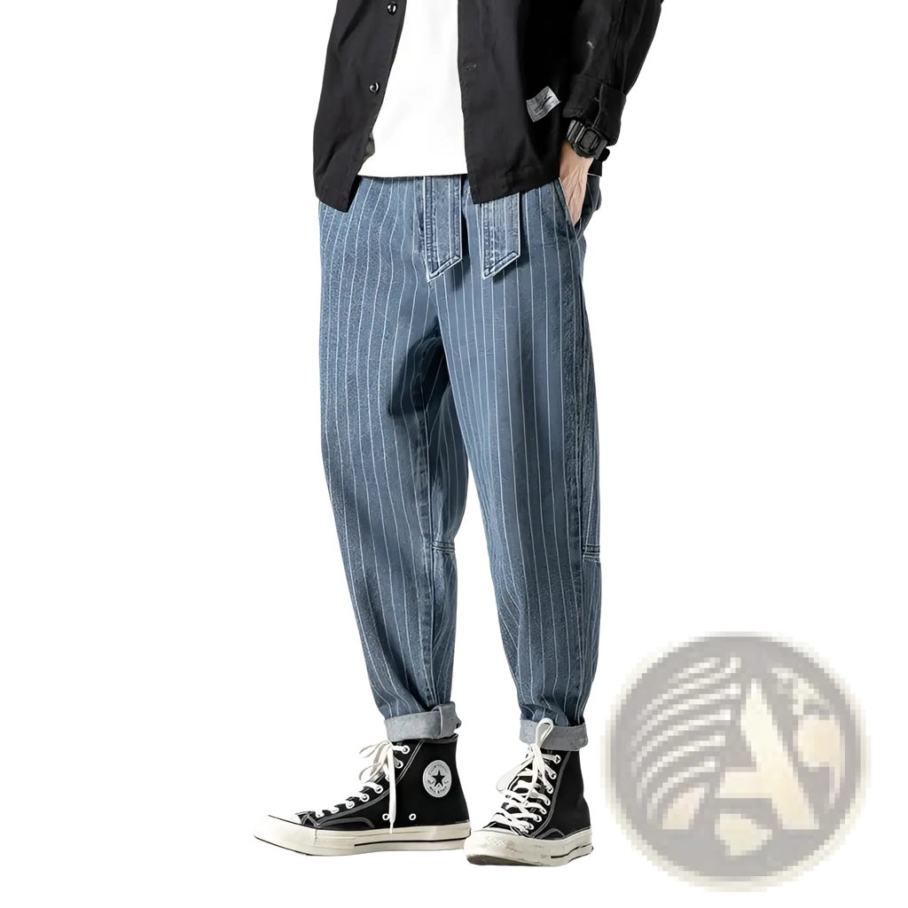 Mens plus size pinstripe cargo denim jeans in blue with rolled cuffs made from durable denim material