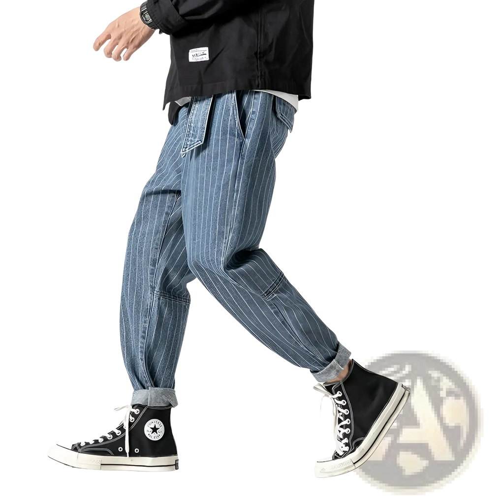 Mens plus size blue pinstripe denim cargo jeans with rolled cuffs and multiple pockets for casual wear