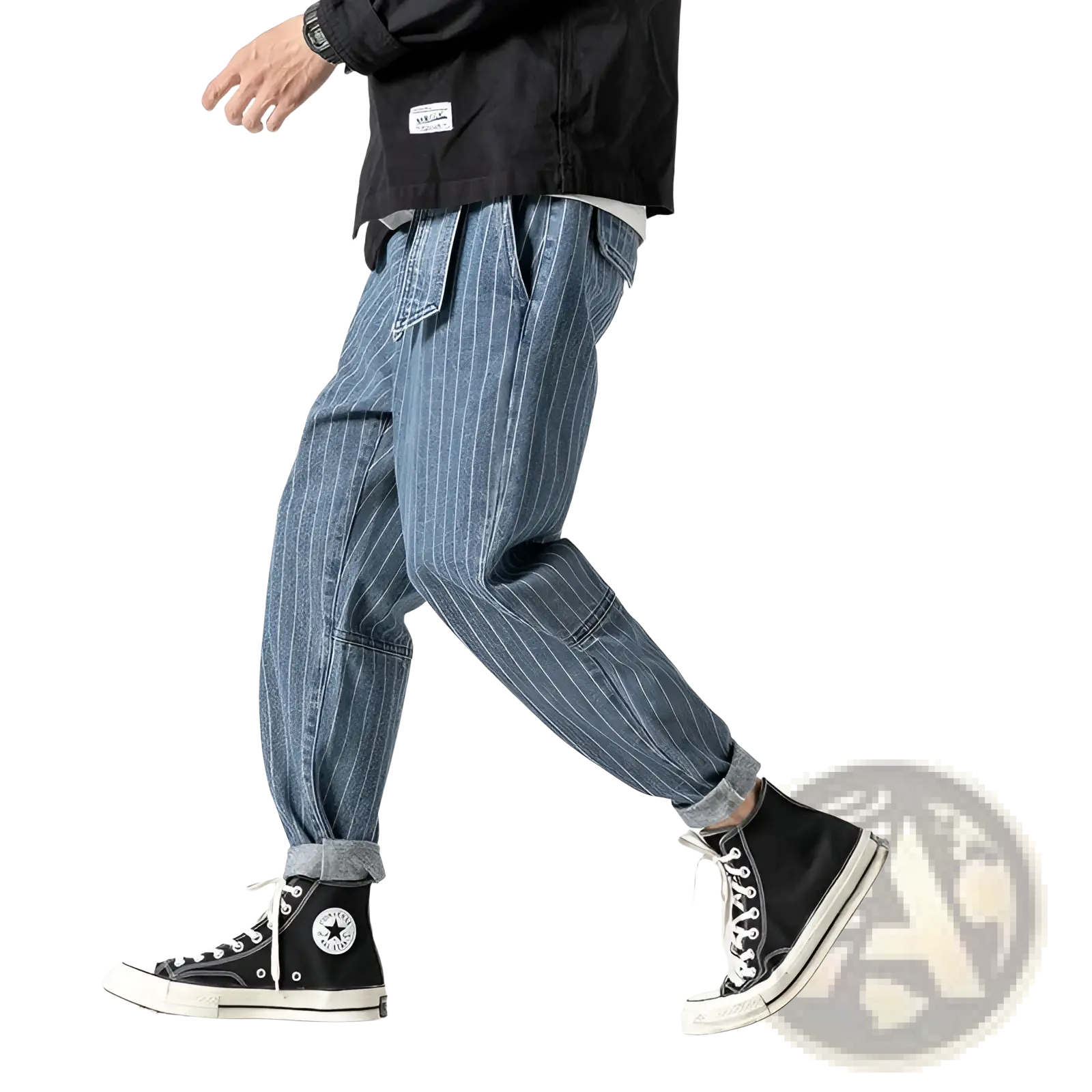 Mens plus size blue pinstripe denim cargo jeans with rolled cuffs and multiple pockets for casual wear