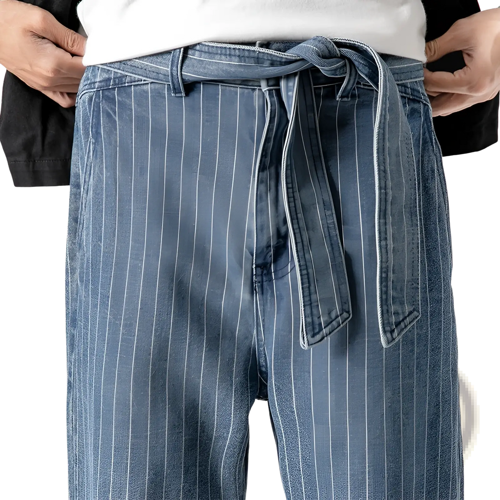 Mens plus size pinstripe cargo denim jeans in blue denim with white vertical pinstripes and a matching waist belt