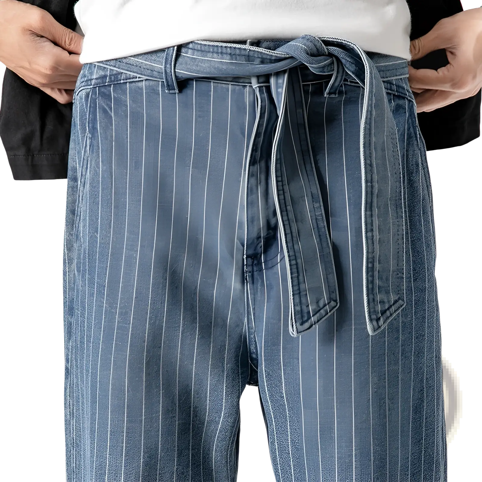 Mens plus size pinstripe cargo denim jeans in blue denim with white vertical pinstripes and a matching waist belt