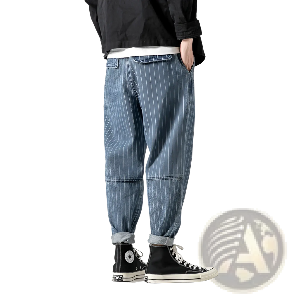 Mens plus size pinstripe cargo denim jeans in blue with rolled cuffs made of durable denim material