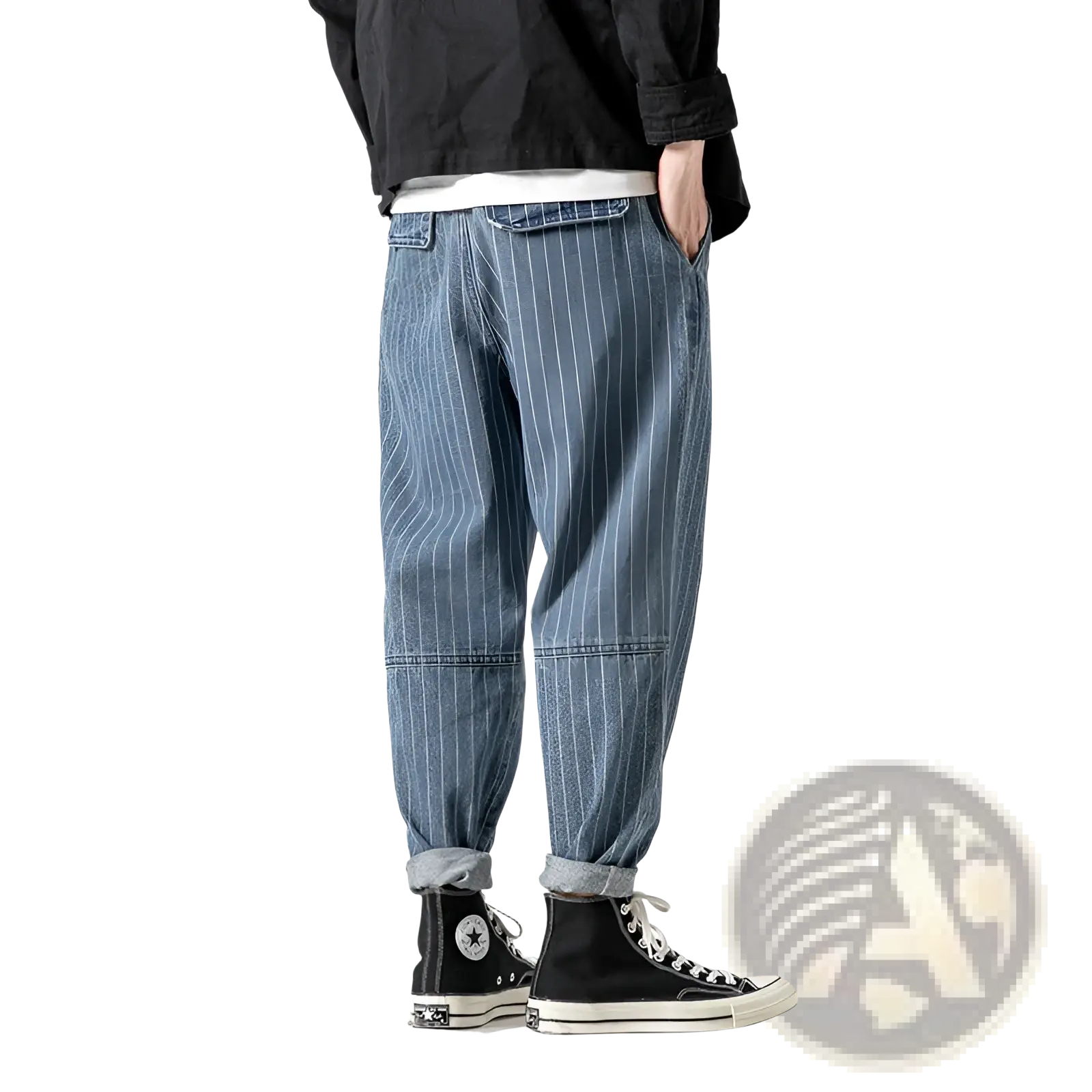 Mens plus size pinstripe cargo denim jeans in blue with rolled cuffs made of durable denim material