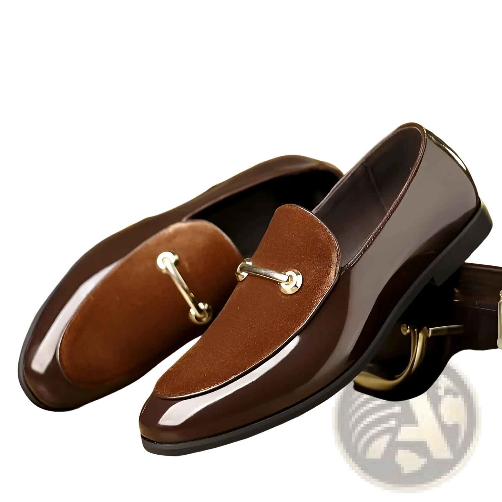 Men’s plus size brown patent leather loafers with suede patch and gold horsebit buckle for British business use