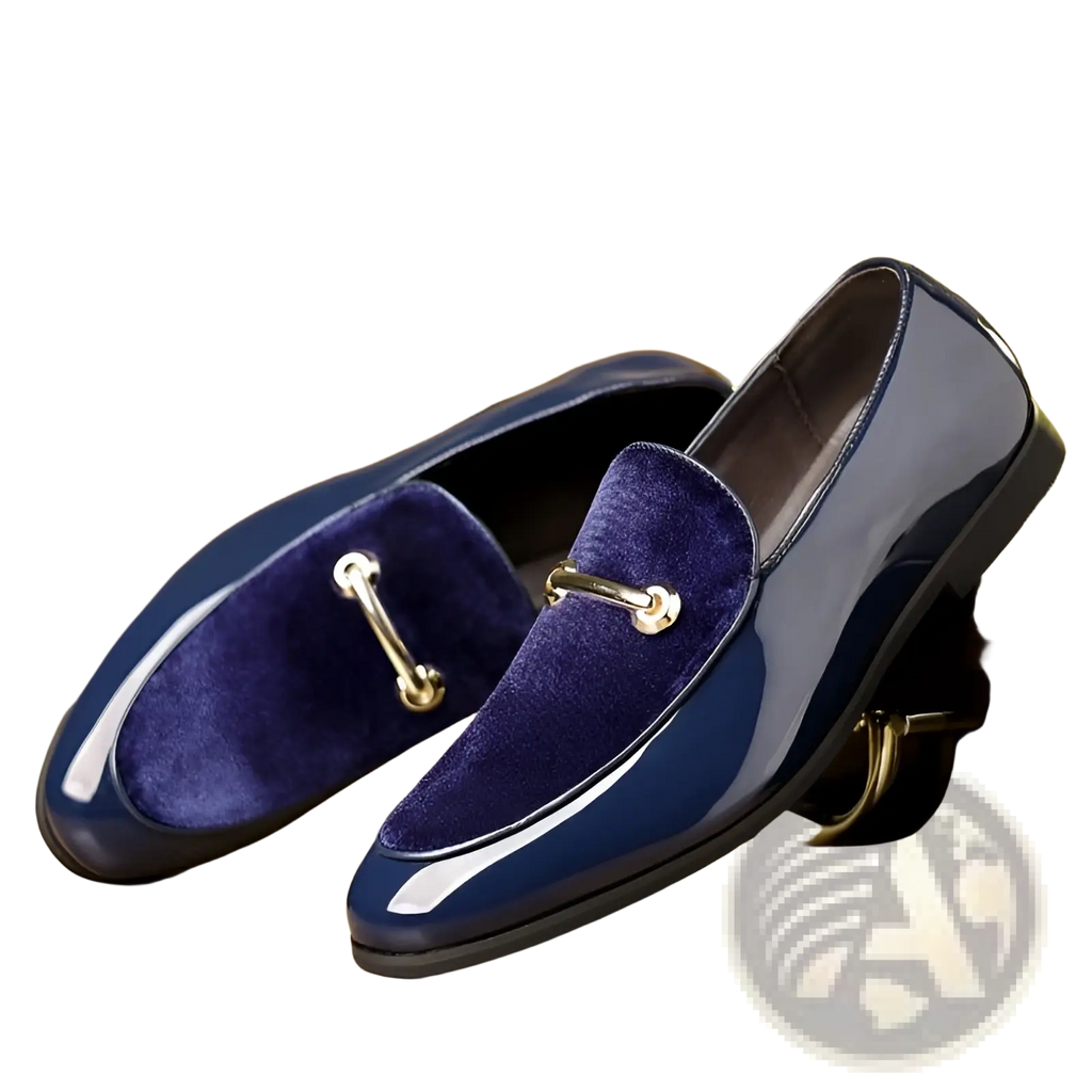 Men’s plus size navy blue patent leather pointed toe British business loafers with plush purple velvet and gold horsebit detailing