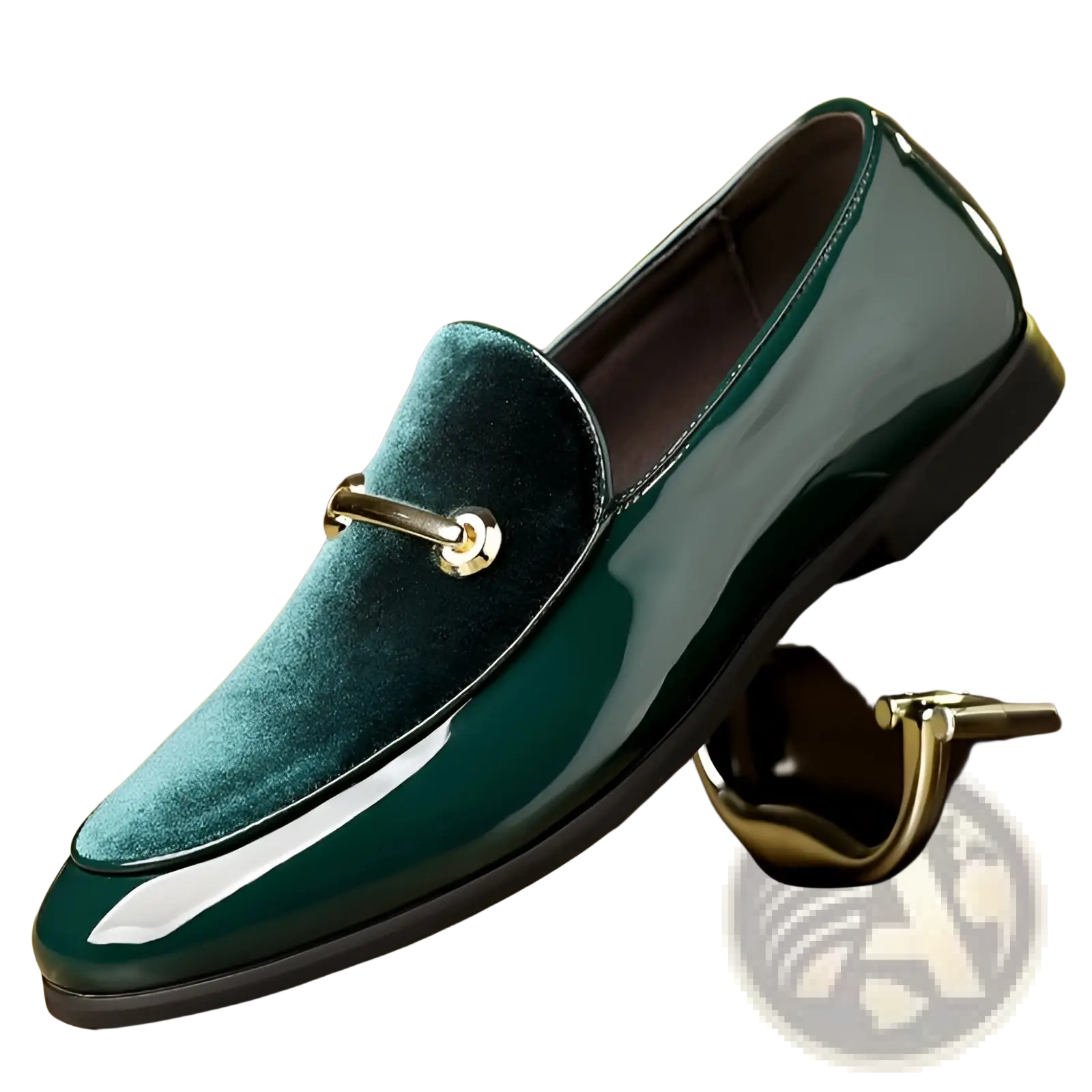 Men’s plus size pointed toe British business leather shoes in emerald green velvet with patent leather and gold horsebit buckle
