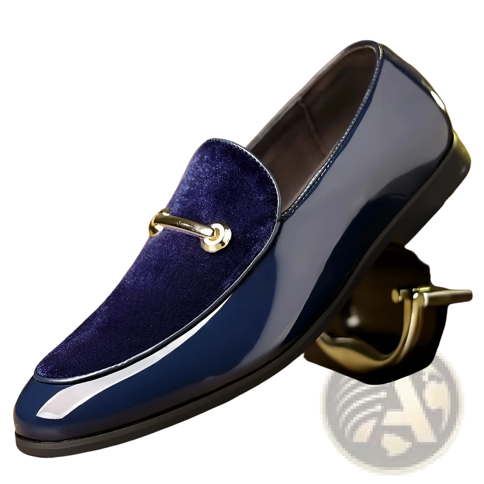 Men’s plus size navy blue patent leather loafer with velvet toe medallion and gold-tone horsebit detail for business