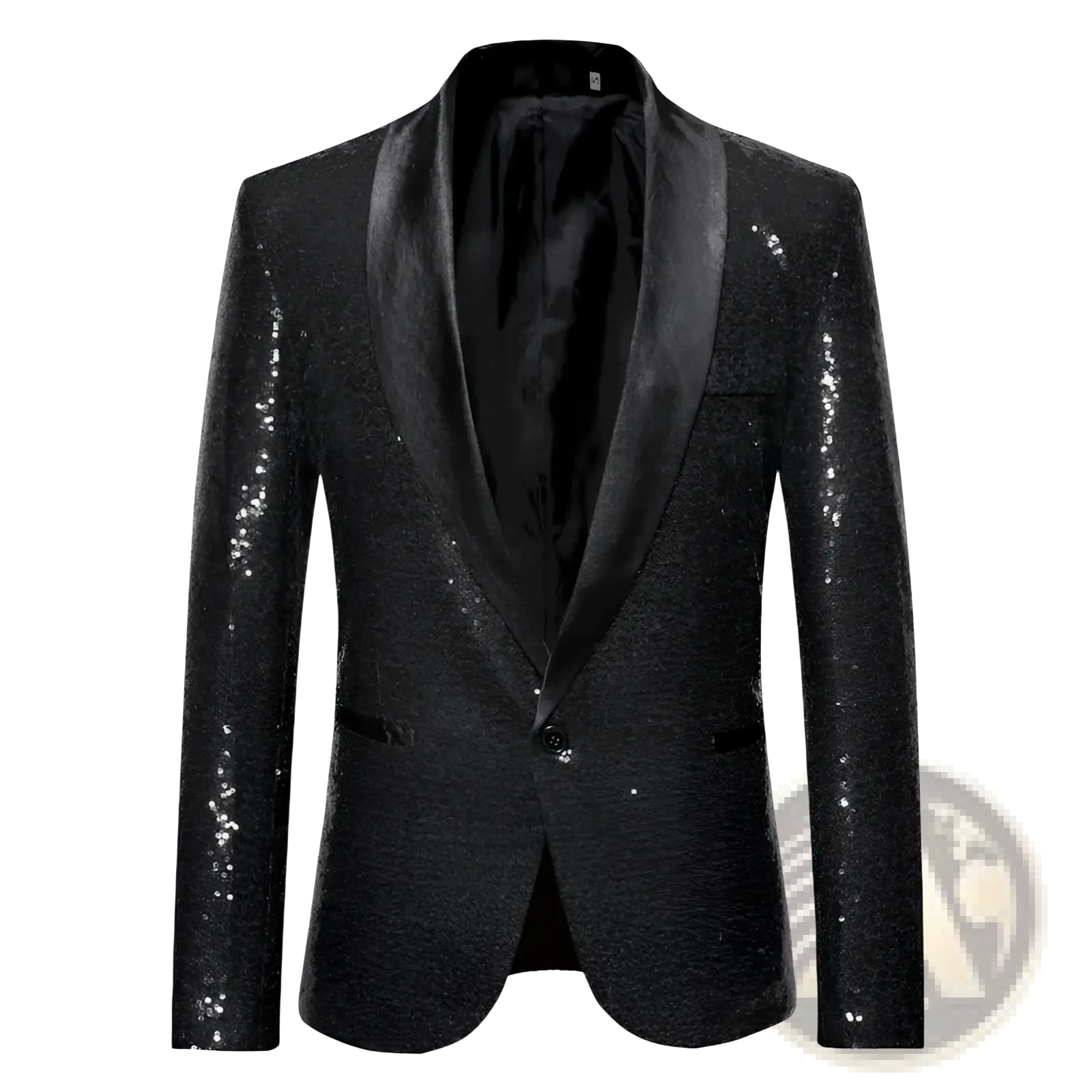 Mens plus size black sequined casual blazer with satin lapels designed for stylish evening wear