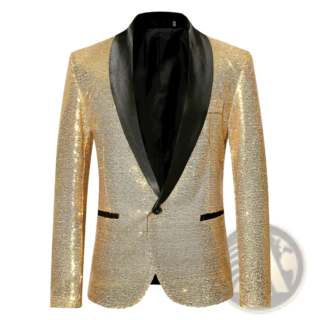 Mens plus size casual blazer in shimmering gold sequins with sleek black satin lapel and matching trim
