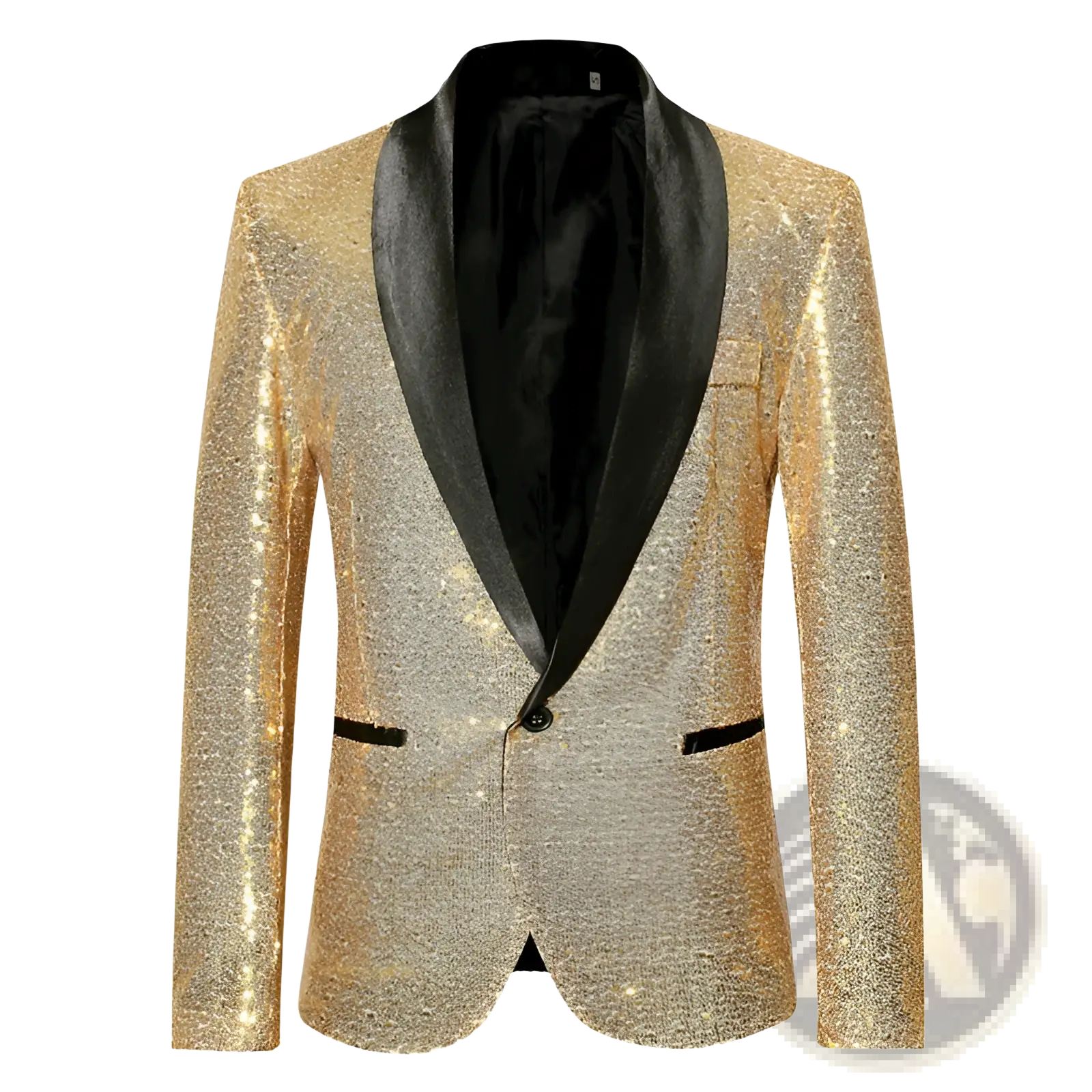 Mens plus size casual blazer in shimmering gold sequins with sleek black satin lapel and matching trim