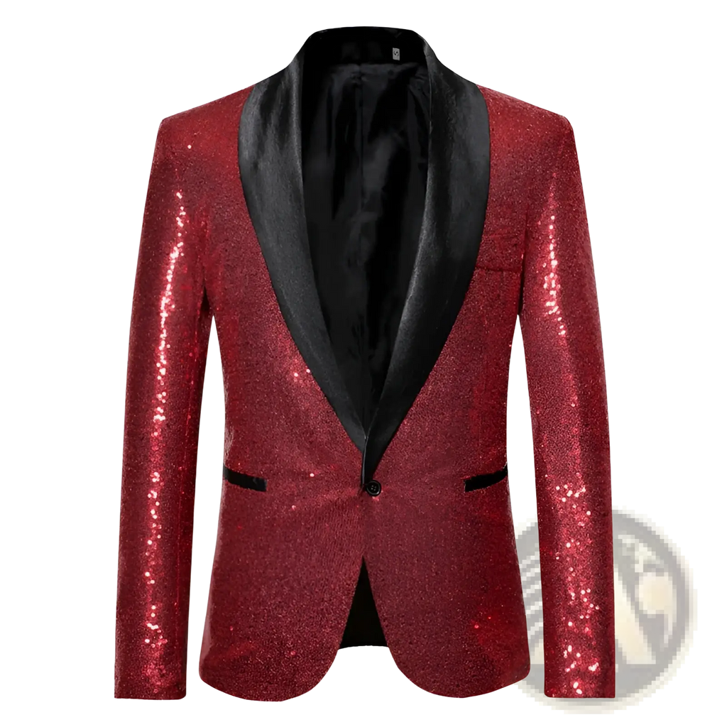 Mens plus size sequined casual blazer in shimmering red with black satin lapel and matching trim