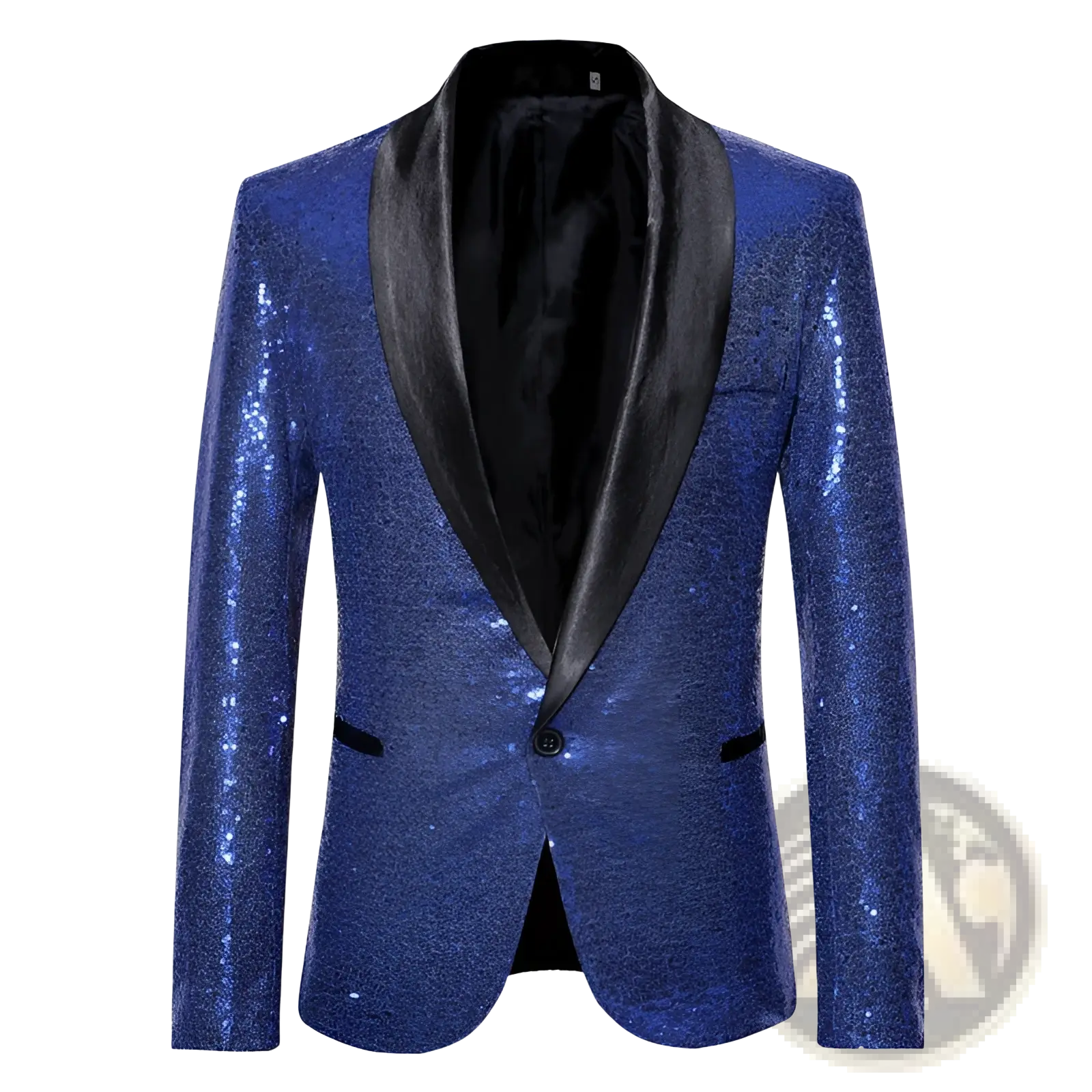 Mens plus size sequined casual blazer in royal blue with black satin lapel and inner lining for elegant wear