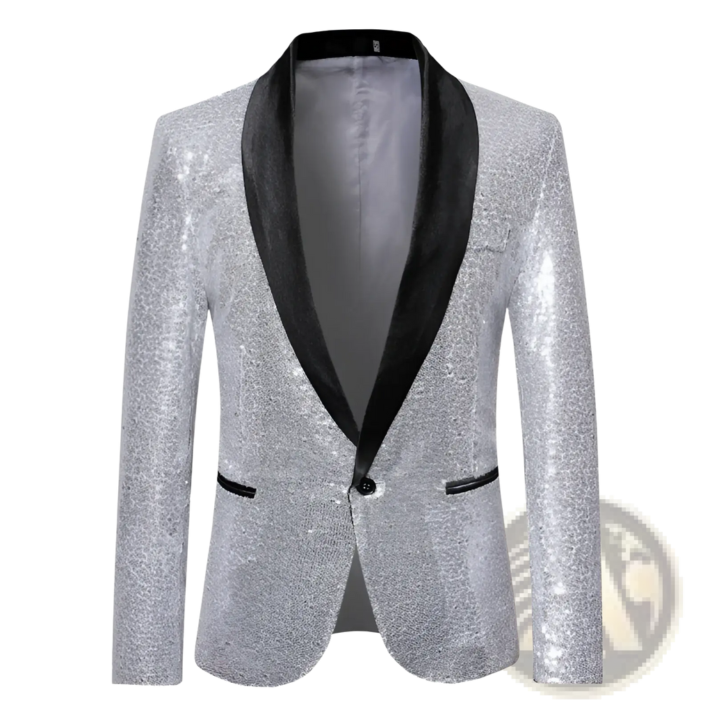 Mens plus size casual blazer with silver sequins and black velvet lapels and trim for elegant occasions