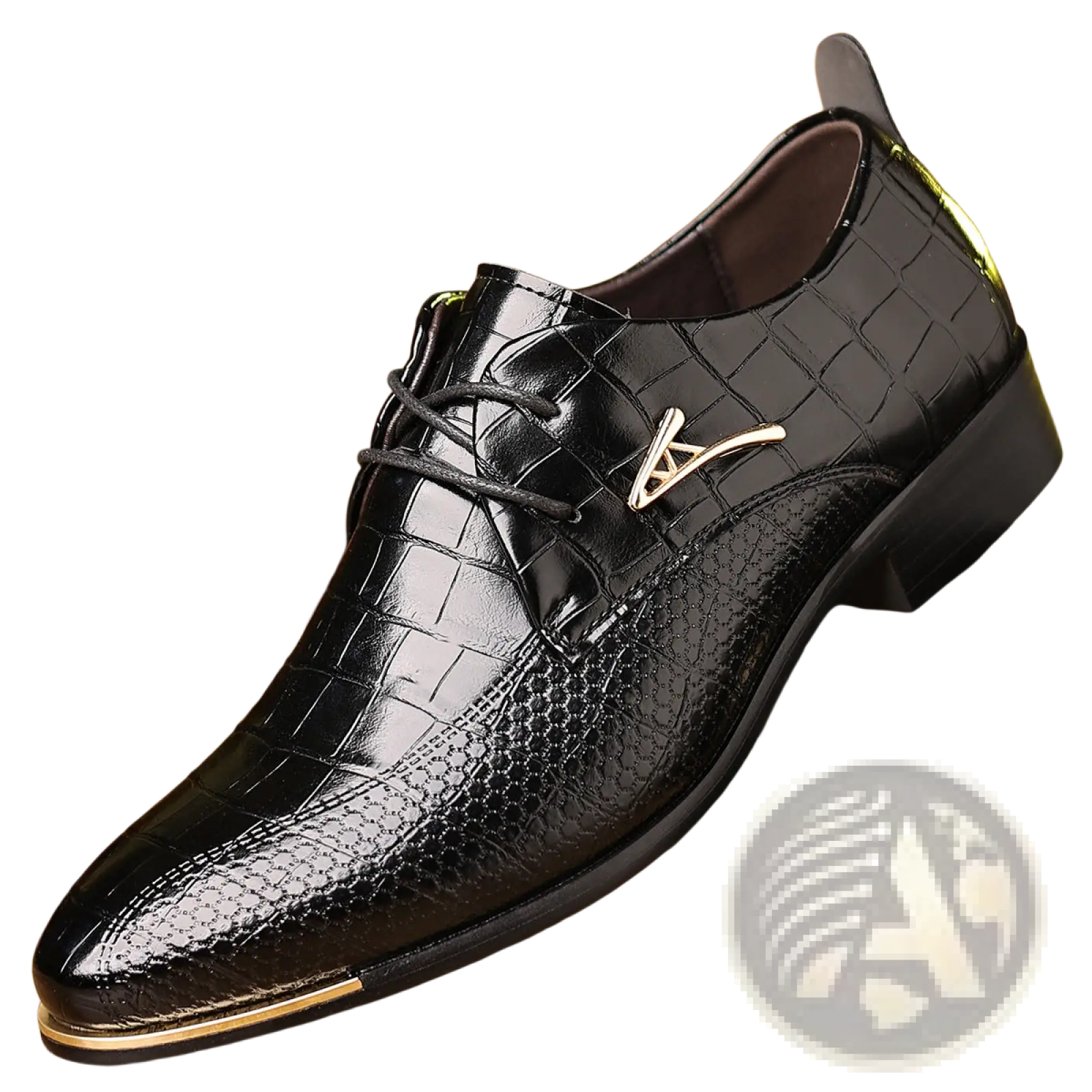 Men’s pointed toe formal leather business shoe in black crocodile pattern with gold-tone metal accents