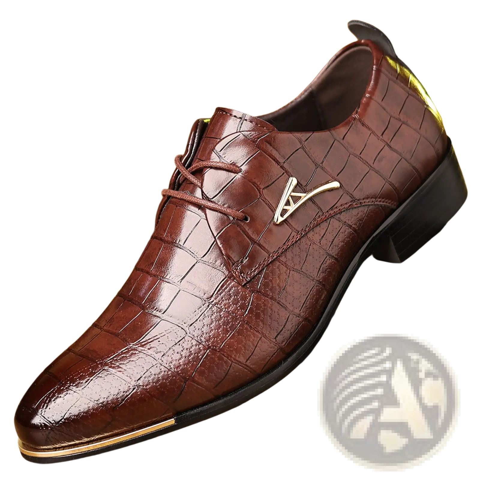 Men’s pointed toe formal business shoe in brown crocodile-patterned leather with gold-tone accents on toe cap and heel