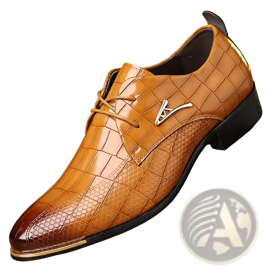 Men’s pointed toe formal leather business shoe in brown crocodile pattern with metallic toe cap and silver logo accent