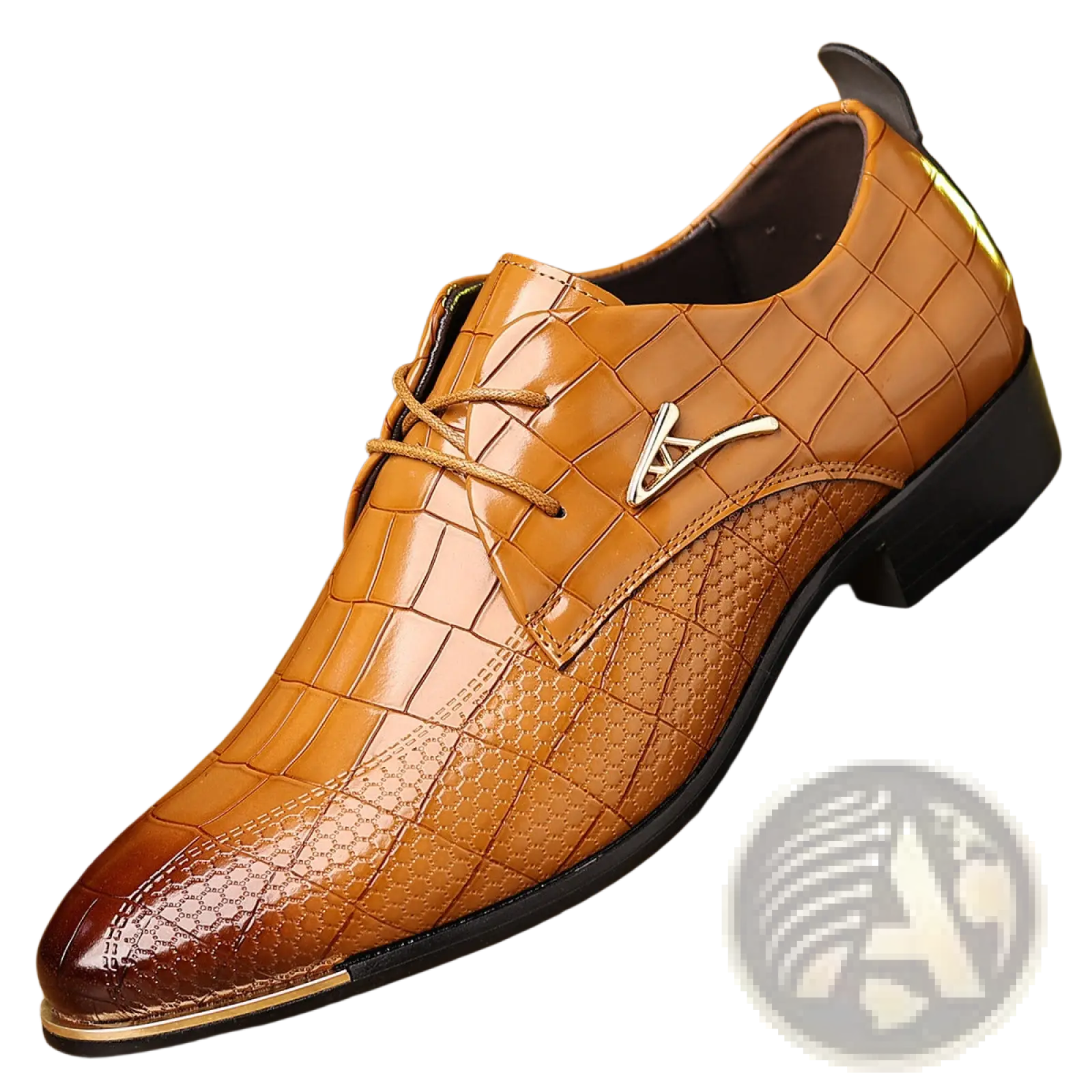 Men’s pointed toe formal leather business shoe in brown crocodile pattern with metallic toe cap and silver logo accent
