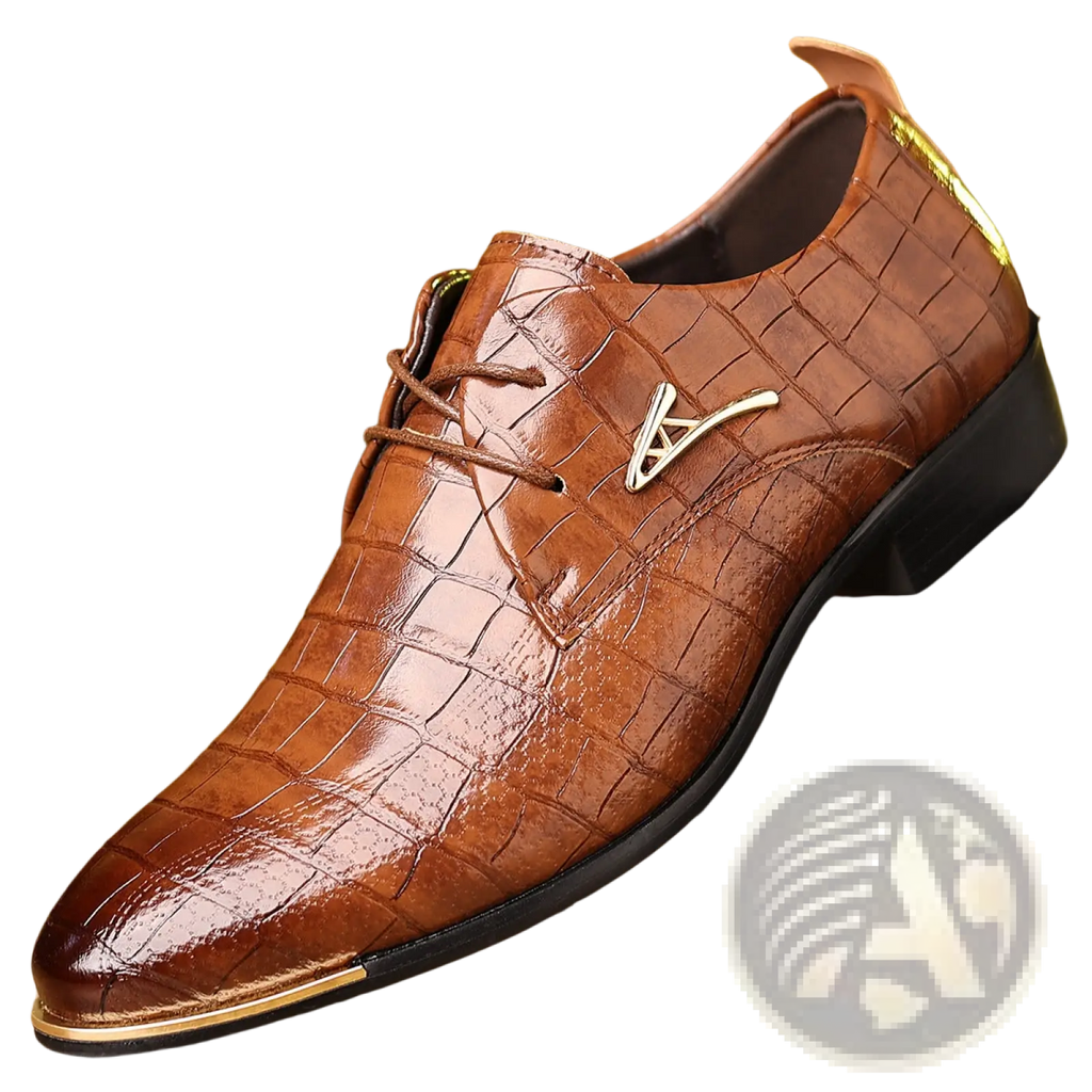 Men’s pointed toe formal leather business shoe in brown crocodile pattern with gold-tone metal accents and pointed toe