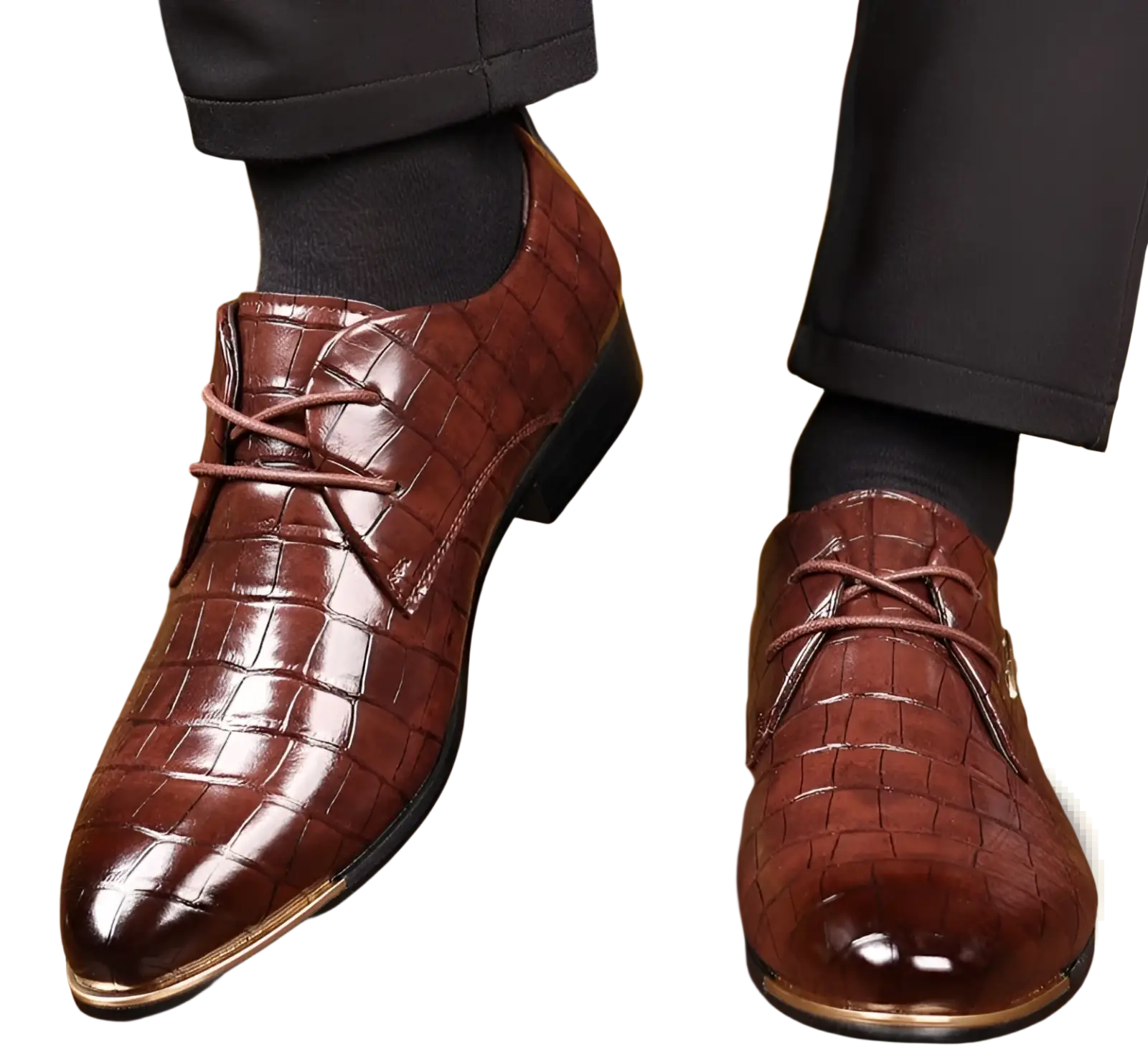 Men’s pointed toe formal leather business shoes in brown crocodile pattern with glossy finish and metallic toe caps
