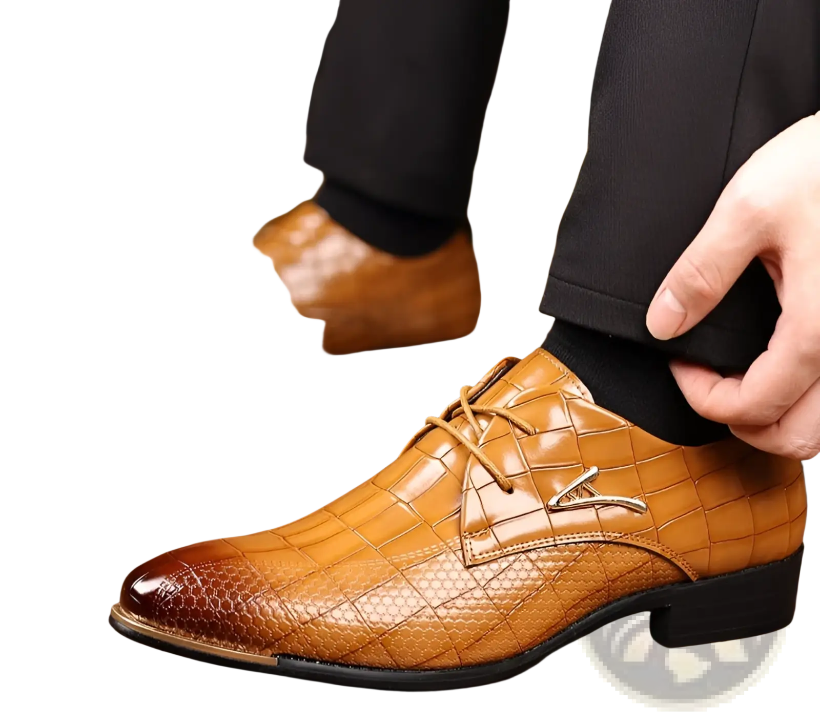 Men’s pointed toe formal leather business shoe in tan crocodile-patterned leather with glossy finish and black sole