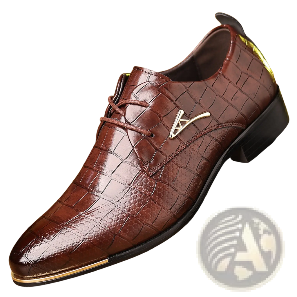 Men’s pointed toe formal leather business shoe in brown crocodile pattern with gold-tone metal accents on toe cap and heel