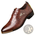 Men’s pointed toe formal leather business shoe in brown crocodile pattern with gold-tone metal accents on toe cap and heel