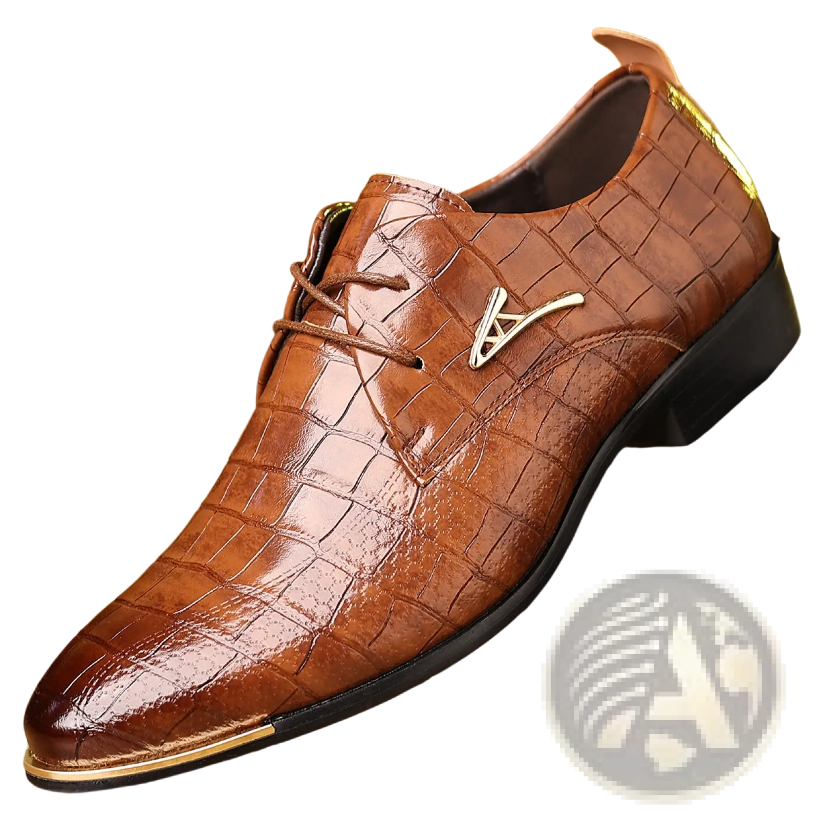 Men’s pointed toe formal business shoes in brown crocodile-patterned leather with gold-tone metal accents