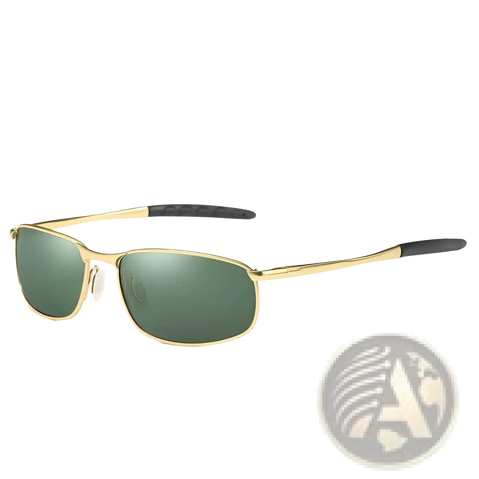 Men’s polarized rectangular aviator sunglasses with gold metal frame, dark green mirrored lenses, and black temple tips