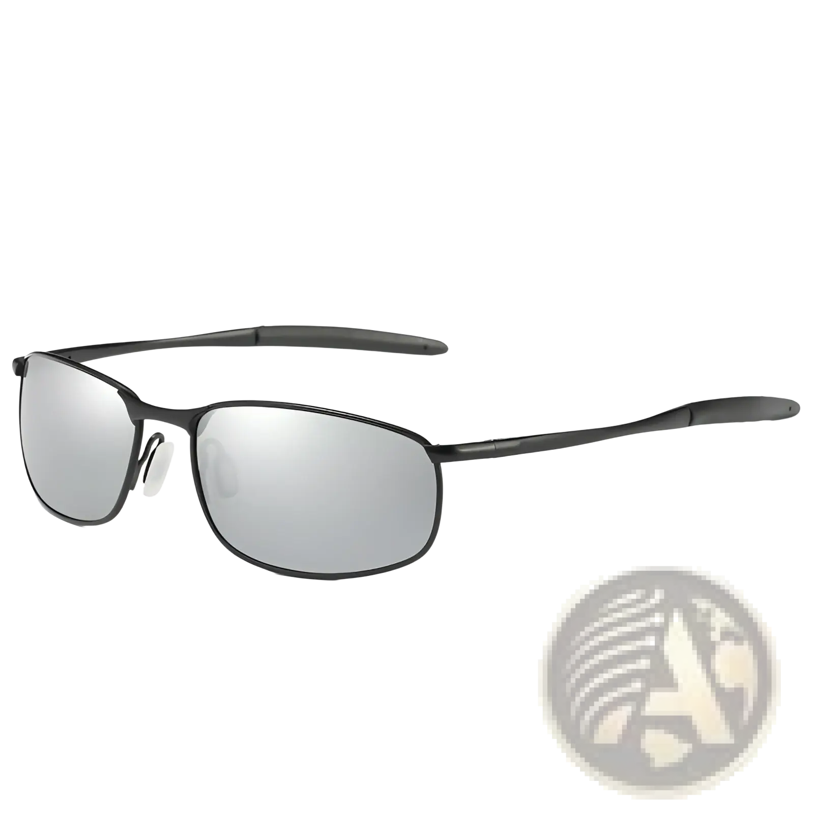 Men’s polarized metal frame rectangular aviator sunglasses with black frames and reflective silver lenses