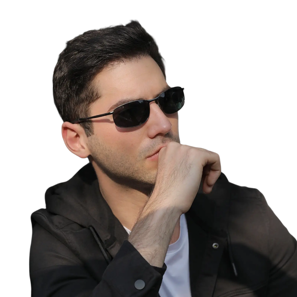 Men’s polarized metal frame rectangular aviator sunglasses with black frames and dark lenses