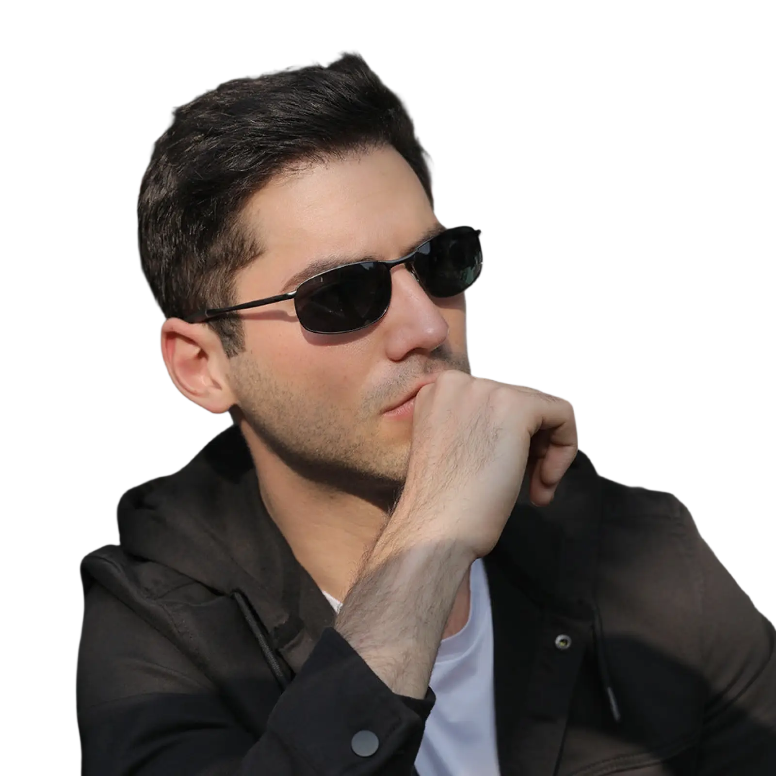 Men’s polarized metal frame rectangular aviator sunglasses with black frames and dark lenses
