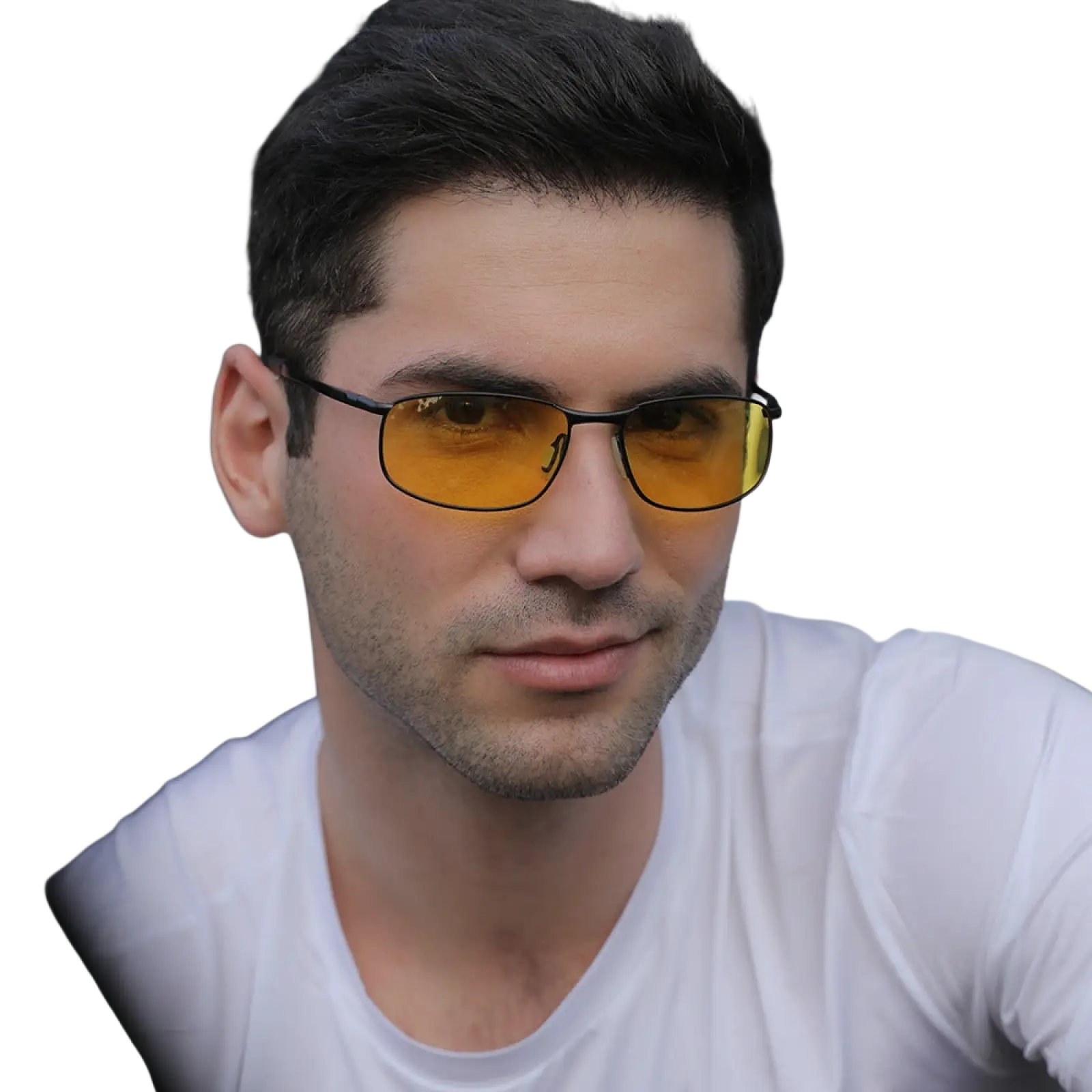 Men’s polarized metal frame rectangular aviator sunglasses with black frames and vibrant yellow lenses