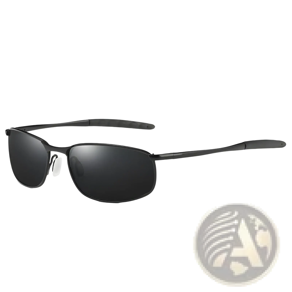 Men’s polarized black rectangular sunglasses with a sleek metal frame and dark mirrored lenses