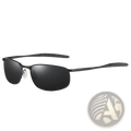Men’s polarized black rectangular sunglasses with a sleek metal frame and dark mirrored lenses