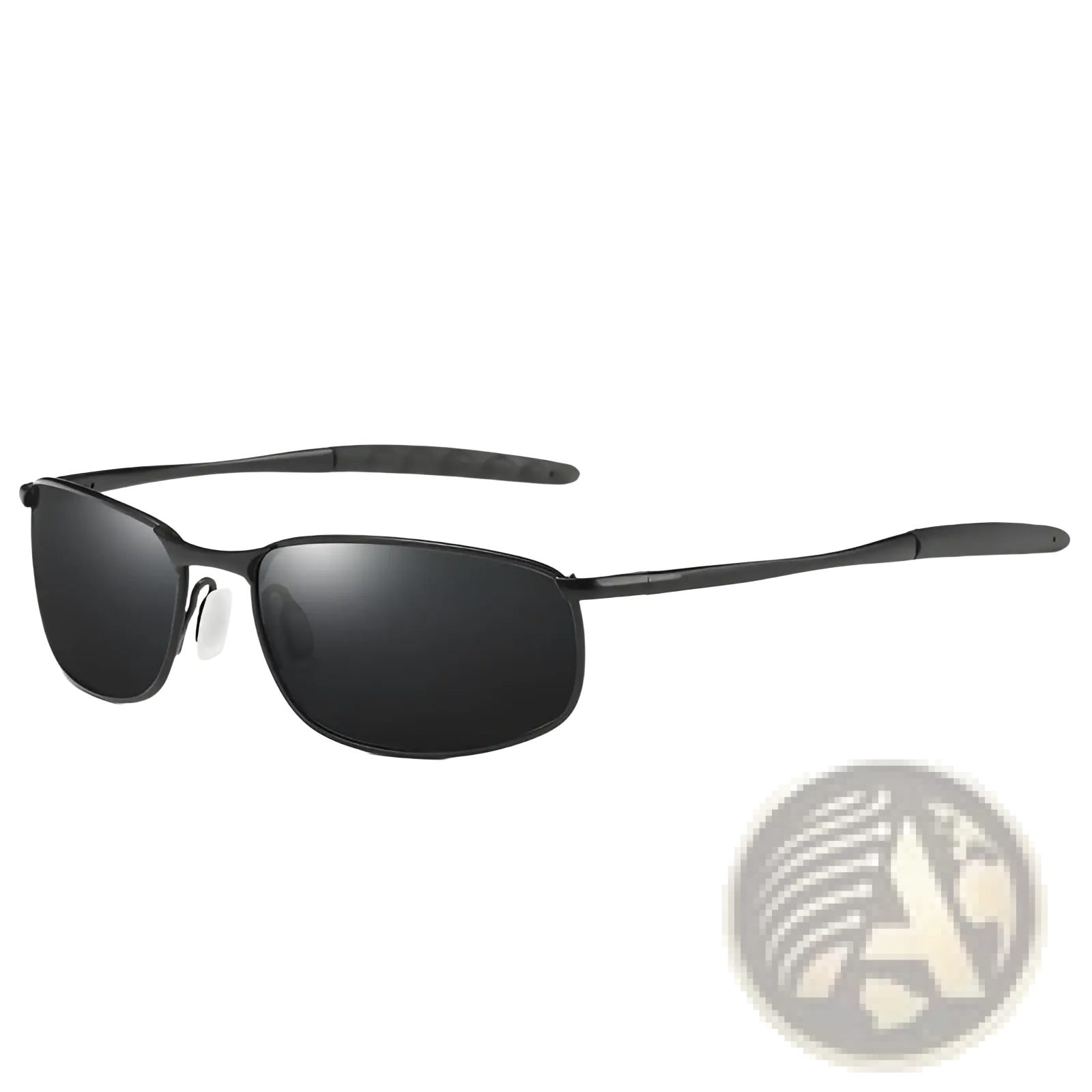 Men’s polarized black rectangular sunglasses with a sleek metal frame and dark mirrored lenses