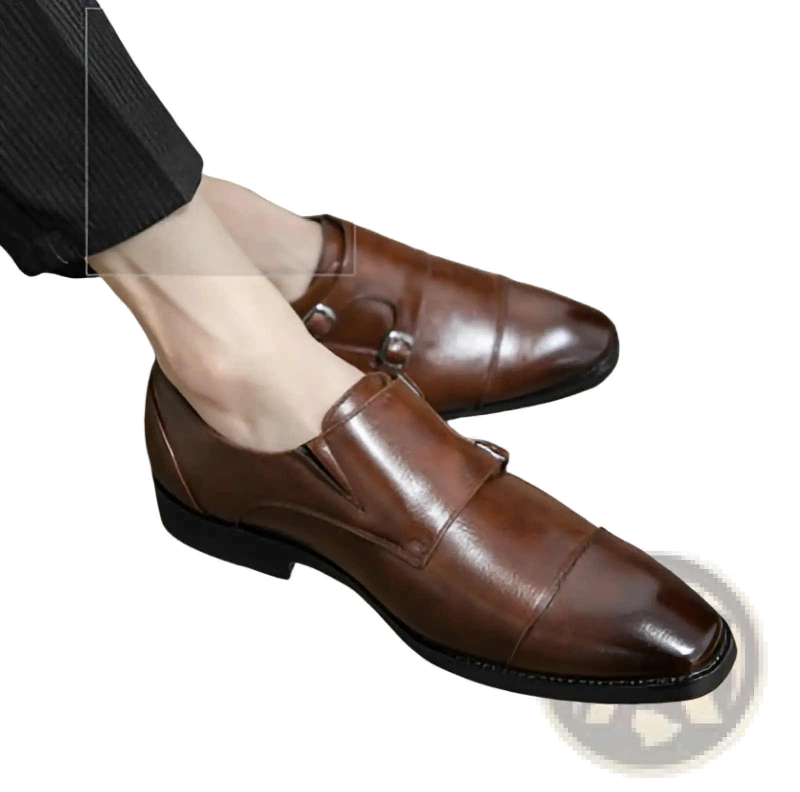 Men’s polished brown leather monk strap dress shoes with sleek finish and perforated classic design