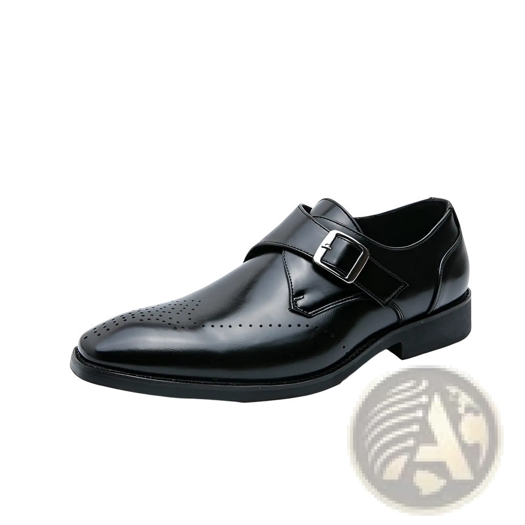 Black leather monk strap dress shoe with polished finish and perforated detailing for men