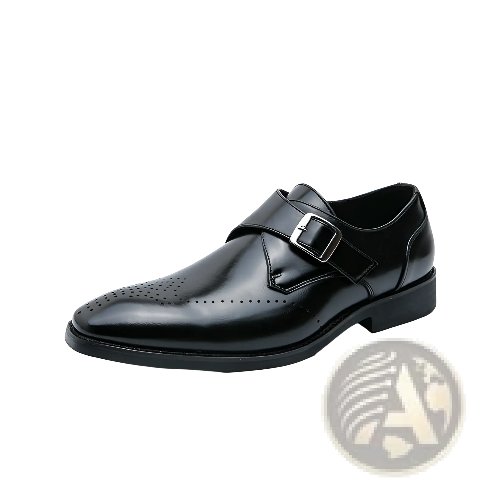 Black leather monk strap dress shoe with polished finish and perforated detailing for men