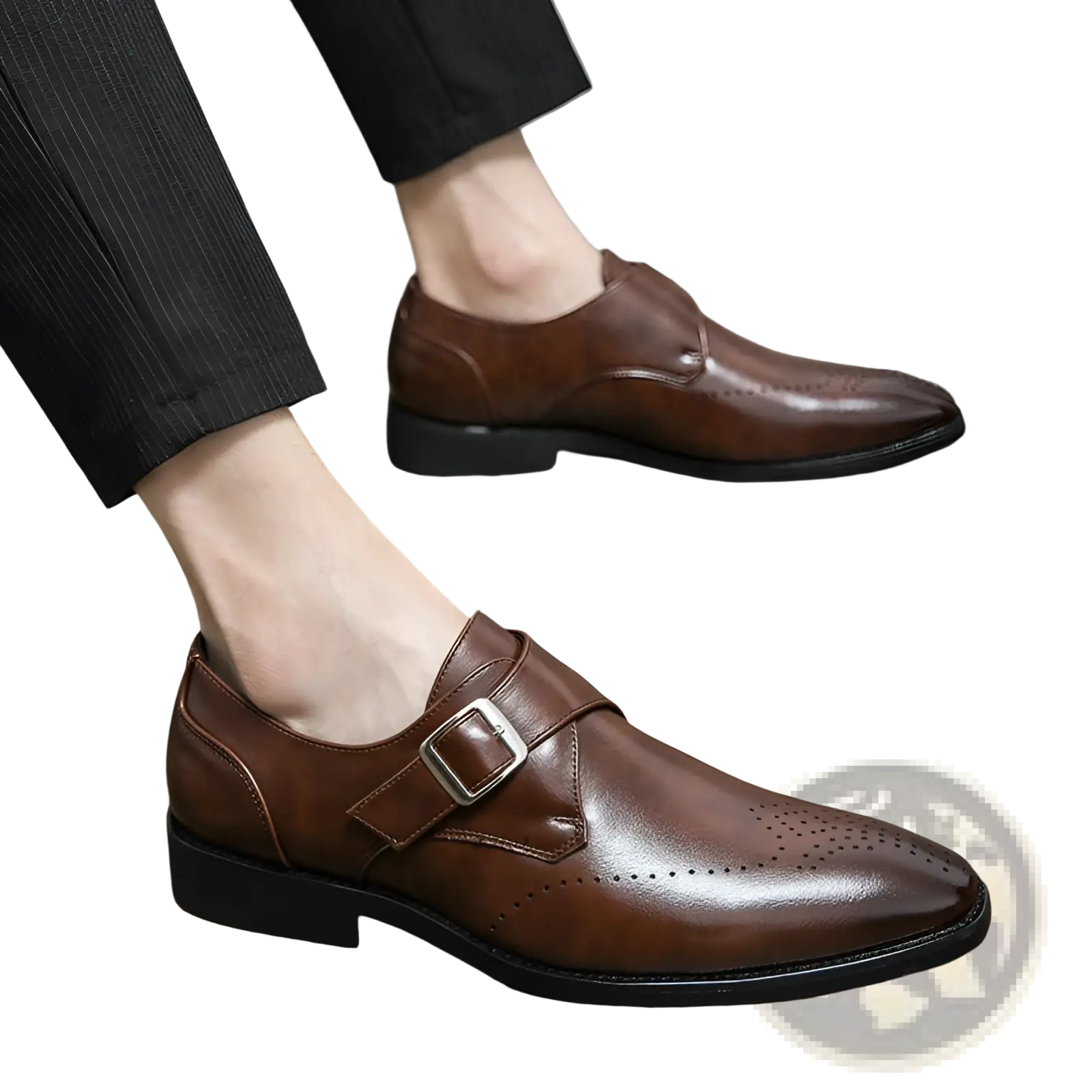 Men’s polished brown leather monk strap dress shoes with subtle brogue detailing and a polished finish
