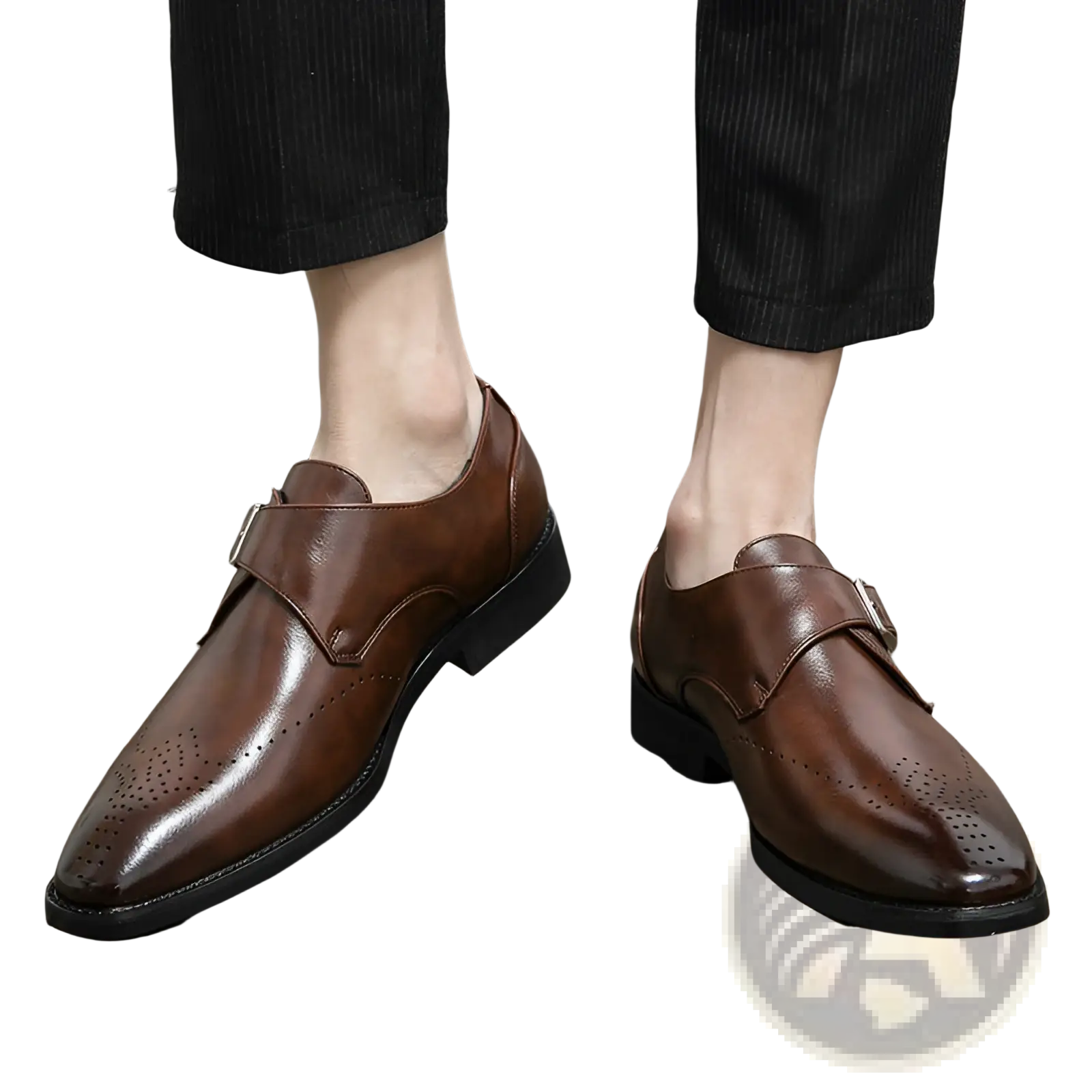 Men’s polished brown leather monk strap dress shoes with perforated detailing and black soles viewed from the back