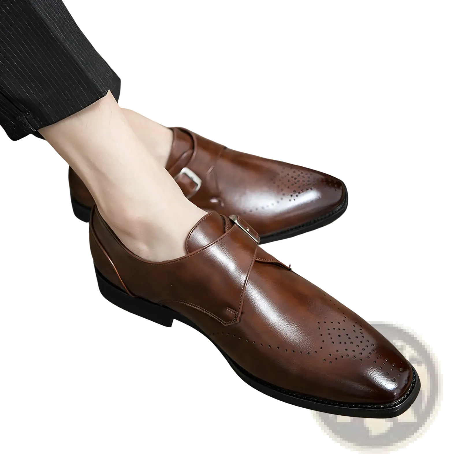 Men’s brown polished leather monk strap dress shoes with decorative perforated detailing