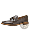 Men’s polished brown leather tassel loafers with a polished finish and contrasting tan composite sole