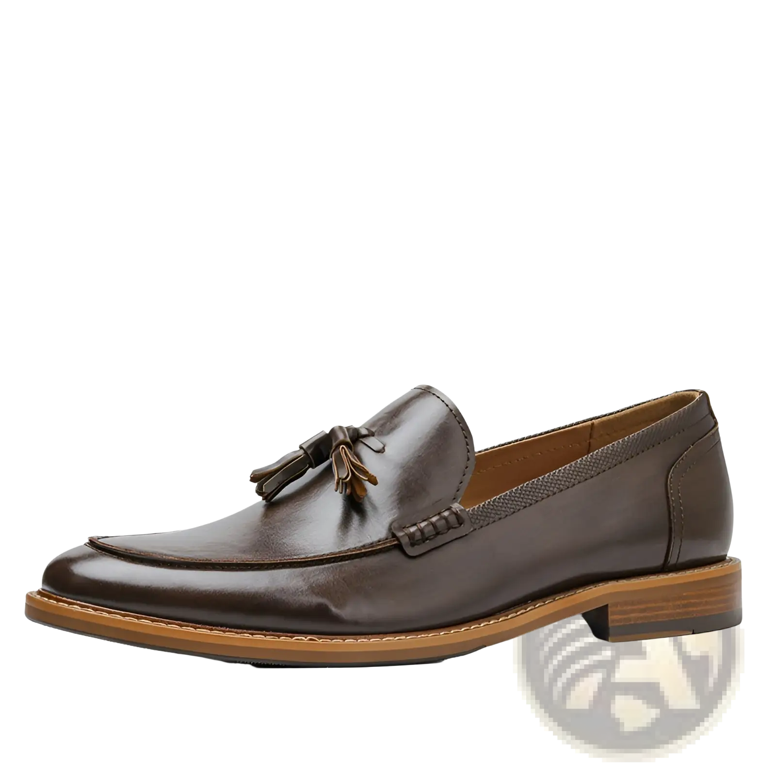 Men’s polished brown leather tassel loafers with a polished finish and contrasting tan composite sole