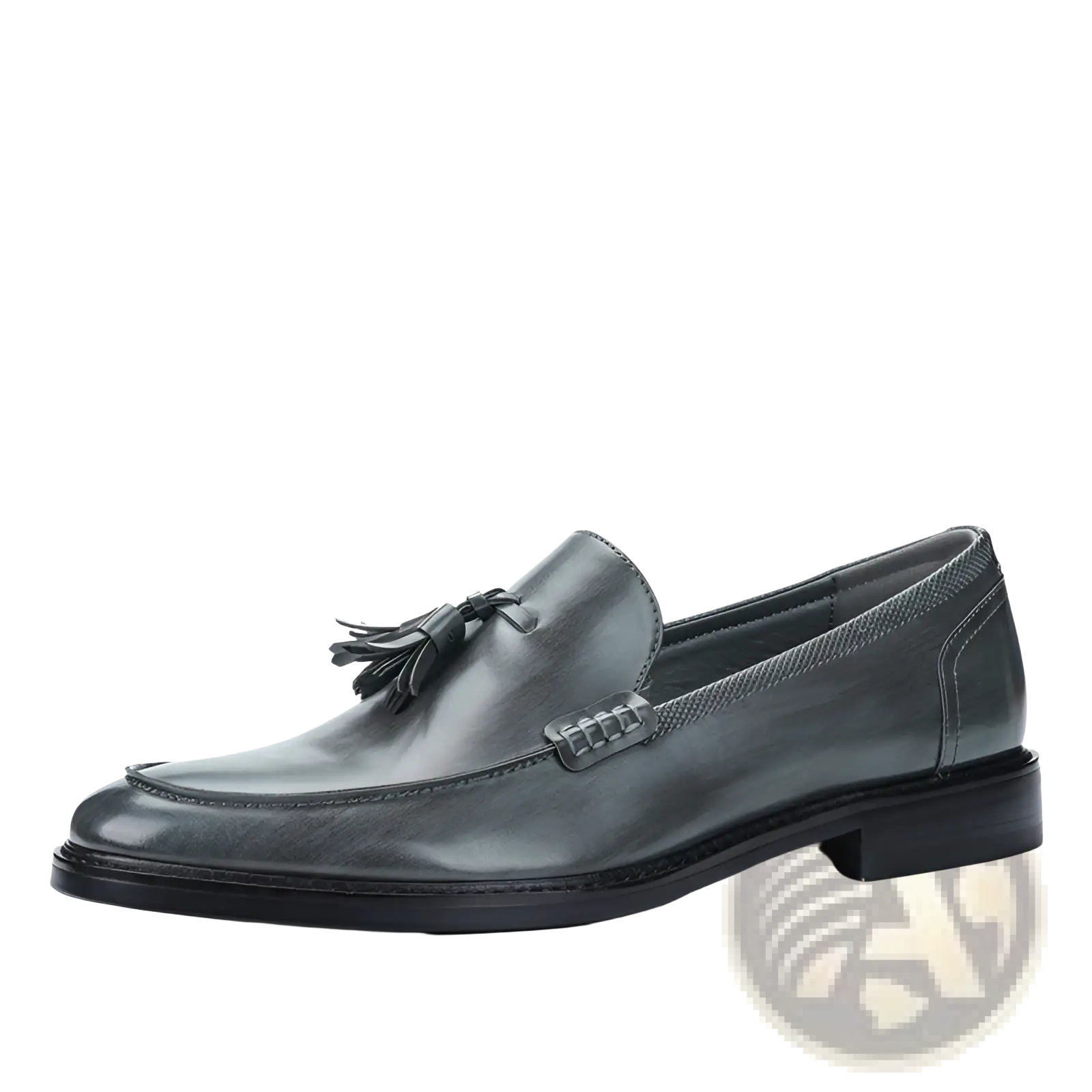 Men’s dark gray polished leather tassel loafers with stitched detailing and composite soles for dress or casual wear