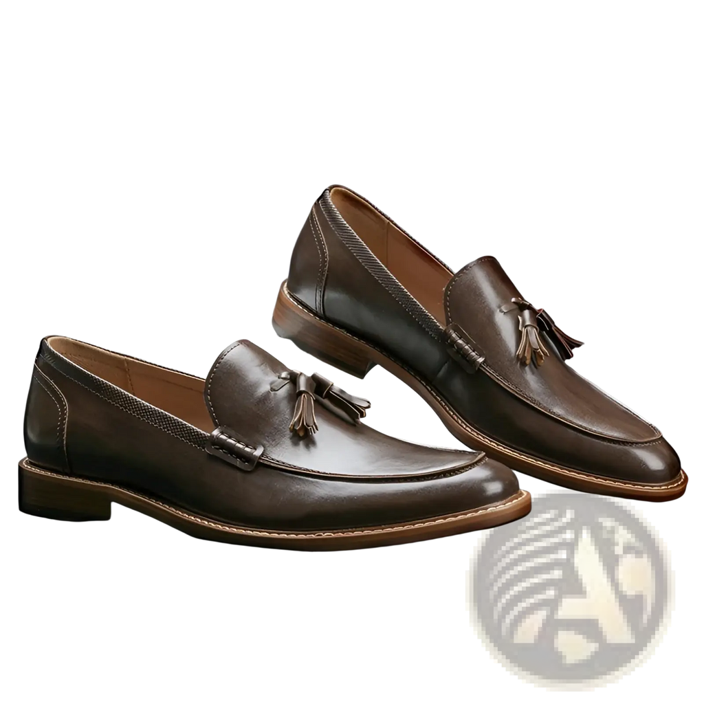 Men’s polished brown leather tassel loafers with contrasting tan composite soles and a refined finish